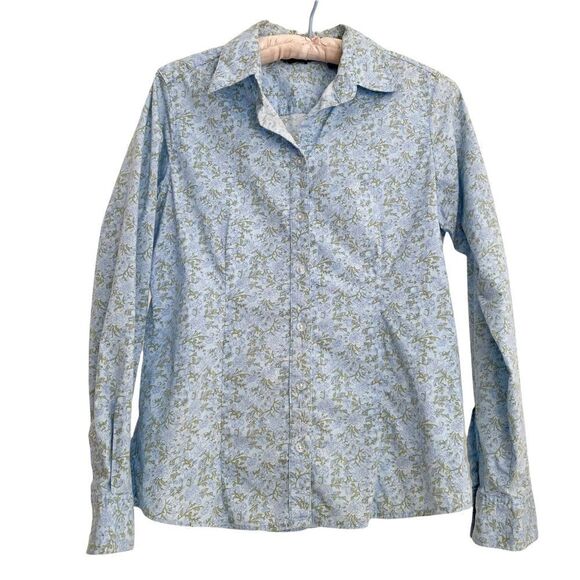 Eddie Bauer Light Blue + Green Floral Print Cotton Long Sleeve Blouse XS - Picture 1 of 7